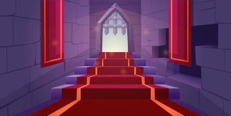 Brick castle wall. Dungeon stairs. Medieval interior with window and arch gate. Vintage wood house. Computer architecture. Red carpet or flag. Magic interior. Vector cartoon recent backdropのイラスト素材