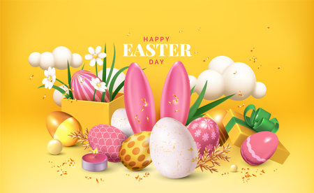 3D easter eggs, spring greeting. Wallpaper with flowers, clouds and bunny ears. Abstract summer paper. Web banner template. Isolated cute render elements. Vector realistic exact conceptのイラスト素材