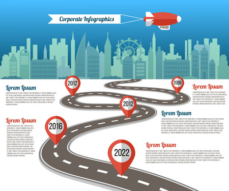 Road milestone. Timeline diagram. City map. Roadway signs. Street direction. Business success goal. Location pins. Corporate development. Vector illustration current highway infographicのイラスト素材