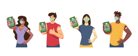Covid pass. Vaccination QR code certificate. Check medical document. Immune group with mobile passports. Woman or man holding phones. Vaccinated people set. Vector illustration conceptのイラスト素材