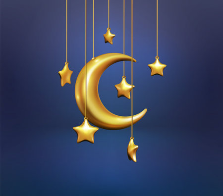 Ramadan, 3d star and moon, render glossy crescent. Gold Islam eid Mubarak symbol, golden Kareem ornament, Muslim sign. Fantasy moonlight. Isolated decor elements. Vector isolated exact shapesのイラスト素材