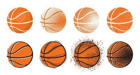 Basketball logo, american ball icons. 3d balloon basket design, orange and white circle signs. Championship logotype. Team textured emblem or label. Vector isolated current illustrationのイラスト素材