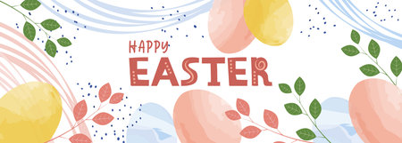 Happy easter banner, spring pattern. Season holiday frame, doodle creative paper art, party event. Pastel colored eggs, cute background with green branches. Vector current backgroundのイラスト素材