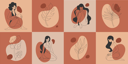 Beauty female body positive, organic plants. Woman art skin, hair, minimal linear lingerie, bikini promo, sensuality curvy character. Square card or poster. Vector tidy illustration logoのイラスト素材