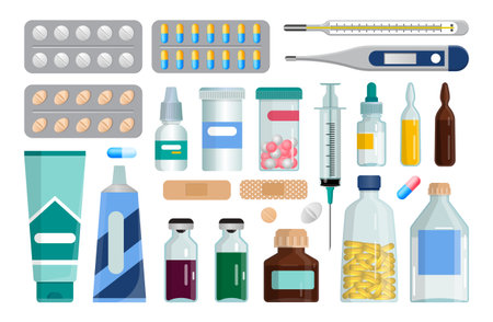 Pharmacy set. Medical drugs in bottle and blister, medication pharmaceutics. Prescription hospital analgesic, doctors pill, vaccine and vial, vitamin capsules. Vector flat current setのイラスト素材