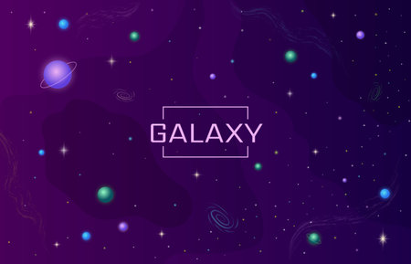 Space universe. Stars and planets in galaxy. Purple and blue sky. Modern presentation for astrology. Astronomy science. Interstellar exploration background. Vector utter illustrationのイラスト素材