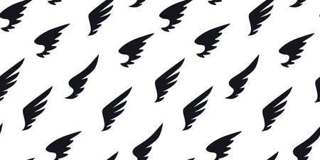 Vintage wing pattern, black and white label. Creative tattoo idea with feather, fabric ornament. Decor textile, wrapping paper, wallpaper design. Freedom vector seamless recent backgroundのイラスト素材