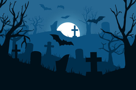 Spooky graveyard background. Halloween night. Comic and creepy hills with pumpkins. Scary landscape. Cemetery tombstones. Flying bats. Tree silhouettes. Vector cartoon garish illustrationのイラスト素材
