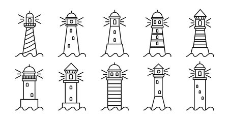 Line light houses, sea tower. Thin outline ocean beach, nautical safety, seaside sailing building with beam, navigation on harbour. Logotype template, marine logo. Vector linear tidy icons setのイラスト素材