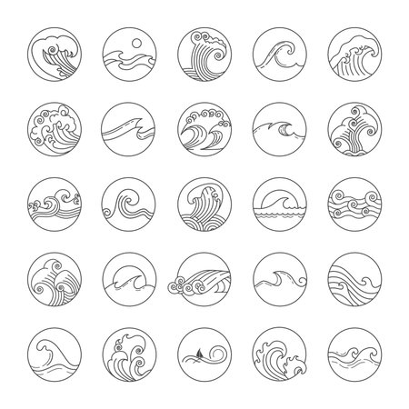 Round ocean emblems. Doodle marine waves. Minimal ripple details. Sea pins or icons. Water streams. Minimalistic oceanic logo. Circle line signs. Vector current outline pictograms setのイラスト素材