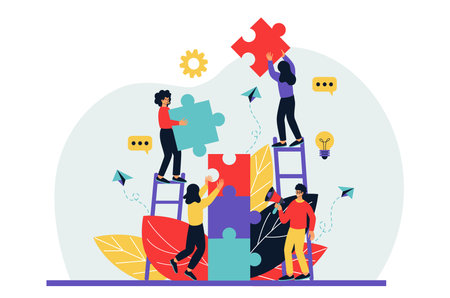 Business teamwork, tiny people building huge puzzles. Partnership and cooperation, people work in team together, office challenge, achieving goal. Men and women vector illustration tidy conceptのイラスト素材