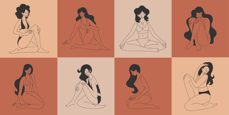 Beauty body positive woman, girls in underwear. Simple bikini or lingerie linear feminine logo, female in fashion bra. Hand drawn characters in different poses. Vector tidy illustration emblemのイラスト素材