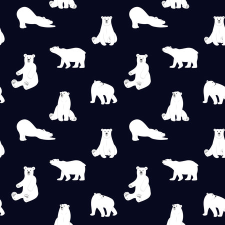 Polar bear pattern. Northern animals. Winter doodle silhouettes for print or wallpaper. Arctic mammals. Grizzly poses. North predators. Vector seamless utter repeat monochrome backgroundのイラスト素材
