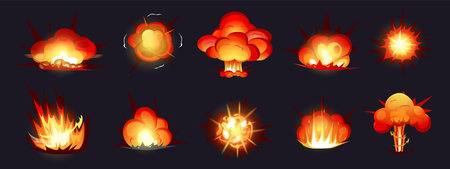Superhero blowing explosion. Bomb destruction. Comics atomic fire. Blast flash or dynamite explode. Rocket animation flame. Detonation effect. Game elements set. Vector recent imageのイラスト素材