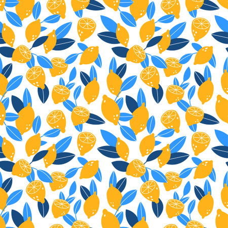 Lemon and blue leaves, fruit pattern, summer print. Citrus leaf and yellow food, floral tree bright...