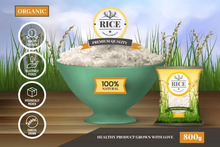 3D rice. Cereal crop. Natural Thailand package. Sketch of basmat. Vietnam food product. Organic nature harvest. Full bowl. Agriculture landscape. Vector exact advertising banner designのイラスト素材