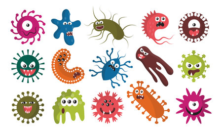 Virus germ characters, coronavirus and flu bacteria. Funny pathogenic bacterium, cute mood cell, comic cancer monster. Circle microbe cells. Vector cartoon flat current illustrationのイラスト素材