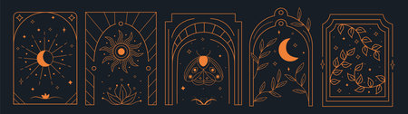Esoteric flower arch, celestial frame. Magic mystic moth, boho floral gate, sun, moon and stars in mystical vintage style. Minimal emblem or feminine logo, vector design recent illustrationのイラスト素材