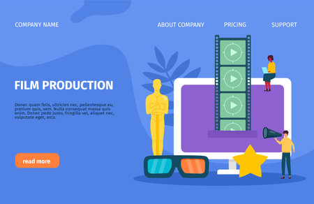 Watching online video film, movie landing page. 3d cinema production, festival or show, man and woman characters. Web banner template, huge screen and tiny people. Vector poster nowaday conceptのイラスト素材