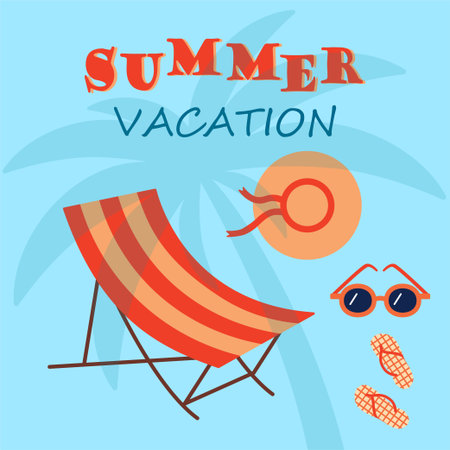 Summer vacation. Beach resting. Lounge chair. Hat and sunglasses. Flip-flop shoes. Tropical palm. Summertime sunbathing and relax. Paradise holiday. Tourists clothing. Vector illustrationのイラスト素材