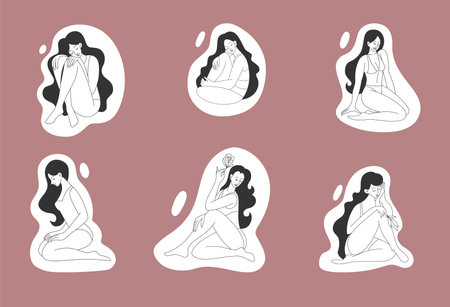 Beauty female body, line woman. Girl figure, beauty care, minimal organic logo, fashion person concept. Sensuality characters in lingerie and bikini. Vector tidy illustration sketchのイラスト素材
