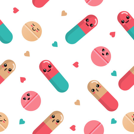 Cute pills, medicine drug pattern. Health emoji, medical tablets, pharmacy vitamins, depression painkiller. Funny characters. Decor textile. Vector seamless current backgroundのイラスト素材