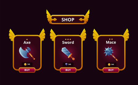 Fantasy game cards. Medieval UI frames. Gaming shop interface. Arcade users asset. RPG buttons with magic sword and sharp axe. War weapons. Metal battle mace. Vector recent elements setのイラスト素材