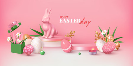 3d easter pastel product display. Abstract shapes, cute pink bunny, glossy render rabbit and eggs, leaves and flowers, podium or stage. Web banner template. Vector exact backgroundのイラスト素材
