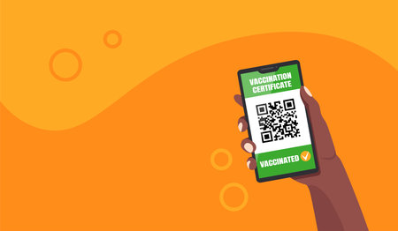 Corona pass. Mobile cell phone. Approval vaccine certificate. Digital QR code in smartphone for Europe. Immunity passport. Identification barcode. Vector illustration tidy backgroundのイラスト素材