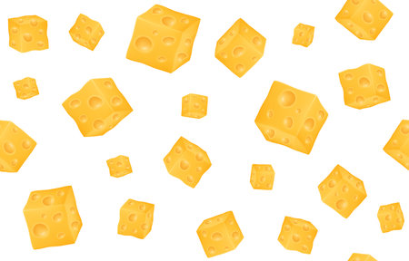 Mozzarella cheese pattern, yellow gouda cubes in motion. Pieces of parmesan or cheddar flying, restaurant food menu backdrop. Realistic 3d elements. Vector seamless neoteric backgroundのイラスト素材