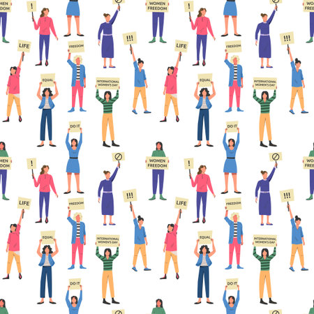 Women demonstration or protesting, creative people banner. Happy fashion protestants clipart, creative girls. Background design. Backdrop for posters. Vector garish image freedom conceptのイラスト素材