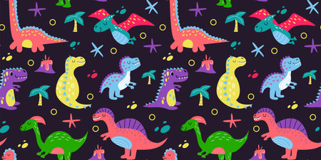 Dinosaur floral pattern, cute print. Multicolour prehistoric girl or boy fabric design, happy preschool bright dino. Decor textile, wrapping paper, wallpaper. Vector recent seamless elementsのイラスト素材