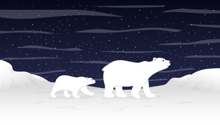 White polar bear, antarctica landscape. North snow animal wildlife, cold arctic sky, polarization. Wildlife tundra. Childish poster. Mother and cute baby in ice vector cartoon utter backgroundのイラスト素材