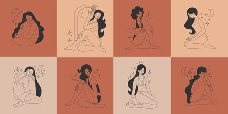 Beauty woman body, line logo. Minimal female lingerie, girls in summer dress, bikini and swimsuits, linear underwear, skin care. Characters in different poses vector fashion illustrationのイラスト素材