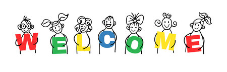 Funny people holding welcome drawing. Friends hold introduction. Banner or sign. Hello language. Happy stick men or women. Line figures with word letters. Vector tidy cartoon backgroundのイラスト素材