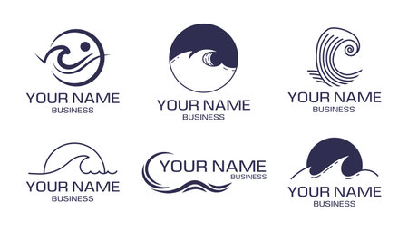 Edge ocean waves, marine logos. Sea water and sky, crushing sun, water spray and surf coast symbols. Business company name, emblem with liquid splashes. Vector current line pictograms setのイラスト素材