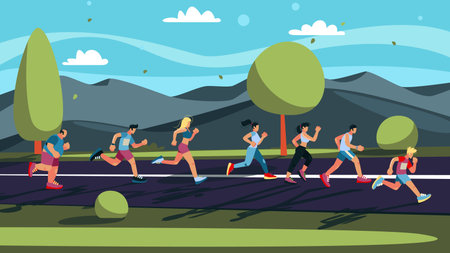 5K run marathon. Sport people. Runners race. Athlete men or women walk to event. Active lifestyle. Sprinters health workout. Sneaker shoes and sportswear. Vector illustration posterのイラスト素材