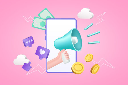3d friend earn, invite refer. Share or announce money offer in social media, hand hold megaphone, people recommends. Smartphone screen with icons. Banner template vector isolated conceptのイラスト素材