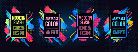 Dance invite. Fun frame banner. Beach invitation. Motivation color graphic. Disco and art. Trendy logo design. Paint brush strokes. Abstract elements set. Vector current backgroundsのイラスト素材