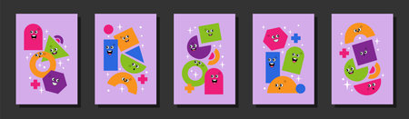 Funny geometric figures set, colorful shapes with emotions, emoji characters. Geometry posters for school, education ideas for math. Modern childish background. Vector cartoon tidy bannersのイラスト素材