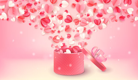 Mothers day gift, paper pink hearts in box, romantic background. Happy love card for women or girl birthday or anniversary. Flying elements. Vector banner backdrop, exact wallpaper designのイラスト素材