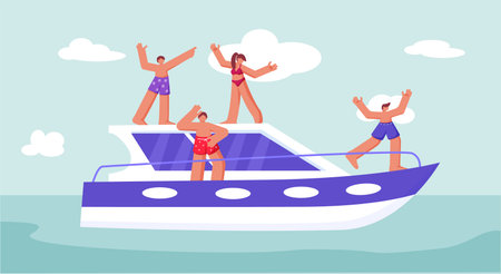 Yacht cruise. Luxury ship trip. Woman and man characters jump on vacation in ocean. People travel by marine boat. Water transport. Summer sea journey. Vector illustration recent conceptのイラスト素材