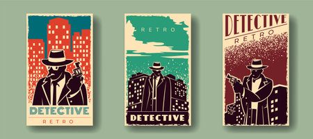 Detective investigation. Crime cinema poster. Vintage spy thriller banner. Retro mafia film. Gangsters with guns. Assassin man. Silhouette investigator in city. Vector design backgroundのイラスト素材