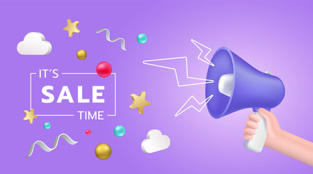 3d hand holding speaker, megaphone with message bubble icons. Social media marketing, symbol of loudspeaker for advertising. Sale web promotion banner template, vector render conceptのイラスト素材