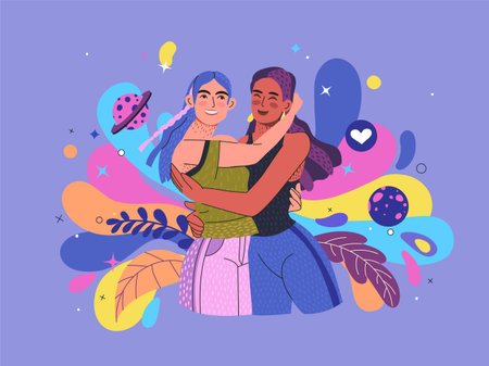 Friends love. Excited street hugs. Lovely and trust meeting. Beauty and laughing. Happy woman sympathy. Girlfriends cuddle. Embracing people relationship. Vector exact illustrationのイラスト素材