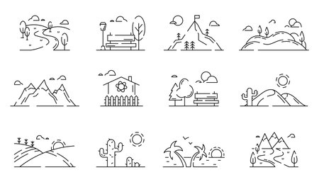 Nature landscape icons. Mountains and meadows. Desert cactus. Rock cliffs. Sea beach. Park bench. Natural rivers. Valley and forest scenery. Fields panorama. Vector garish line symbols setのイラスト素材