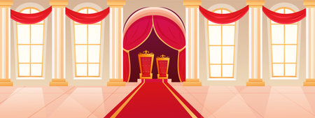 King and queen indoor palace interior. Royal thrones into ballroom. Carpet in hall. Medieval museum. Gold castle. Window and red curtains. Imperial armchairs. Vector cartoon backgroundのイラスト素材