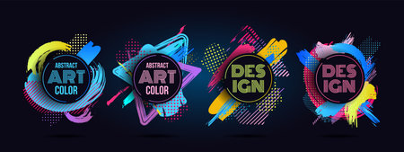 Music invitation, dance posters, brush painted. Stylish royal colors, business graphic design, colourful cards. Round frames with copy space. Trendy logo design vector current abstract backgroundのイラスト素材