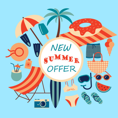 Summer beach. Season sale. Summertime special offer. Tropical palm. Lounger and sunbathing umbrella. Sunglasses and journey clothing. Vacation object frame. Paradise discount vector bannerのイラスト素材