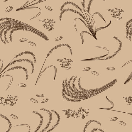 Rice food pattern, doodle grains. Engraving wheat seeds, basmati farm fabric, organic nature food. Decor textile, product wrapping paper, wallpaper design. Vector seamless current backgroundのイラスト素材